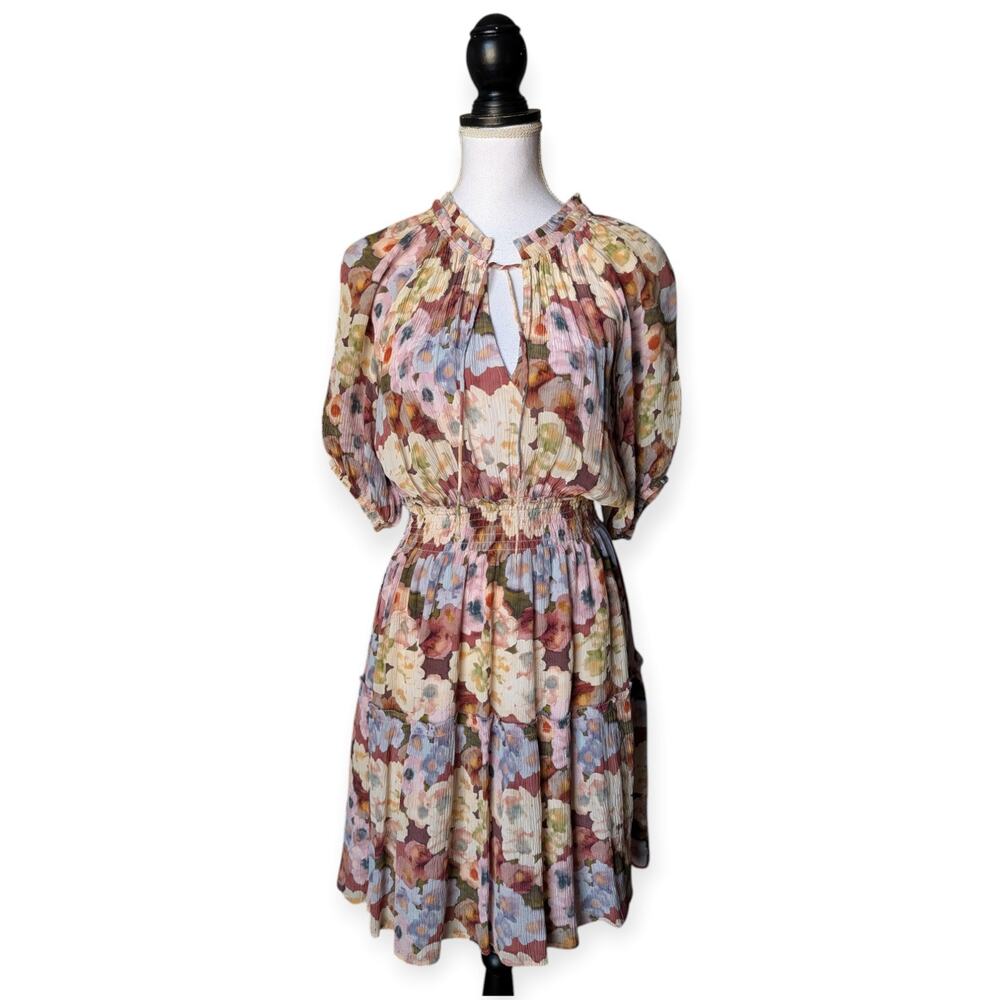 Rails Fiorella Painted Floral Print Tie Neck Smocked Waist Mini Dress Sz Medium